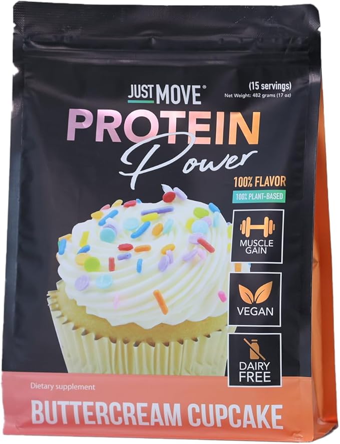 Just Move Protein - Buttercream Cupcake - Vegan (Plant Based) Organic Dairy Free Soy Free Gluten Free Keto Peanut Free 20g Protein Low Carb Non GMO (15 Servings)