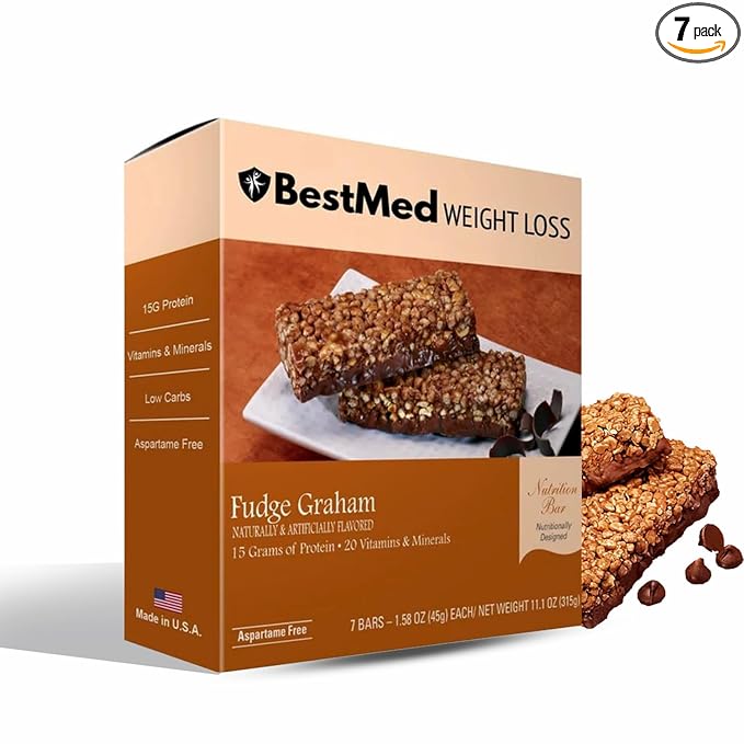 BestMed Protein Bar – 15g Protein Low Carb Low Sugar High Fiber Low Calorie Meal Replacement Nutrition Bar Healthy Snack for Weight Management Diet (Fudge Graham 7 Count)