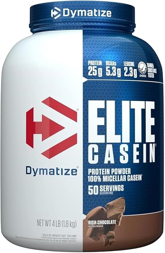 Dymatize Elite Casein Protein Powder Chocolate 100% Micellar Casein 25g Protein 5.4g BCAAs 2.3g Leucine Slow Absorbing for Overnight Muscle Recovery 4 lb (50 Servings)