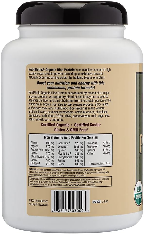 NutriBiotic Certified Organic Plain Rice Protein 21 Ounce | Low Carbohydrate Vegan Protein Powder | Raw Certified Kosher &amp Keto Friendly | Made Without Chemicals GMOs &amp Gluten | Easy to Dig