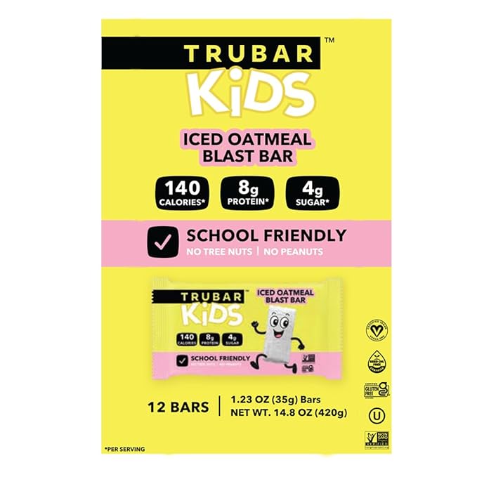 TRUBAR Kids Protein Bars Iced Oatmeal Blast Plant Based Protein Gluten Free School-Friendly Snacks for Lunchboxes Tree Nut and Peanut Free Low Sugar Healthy On the Go Snack Bars 12 Count