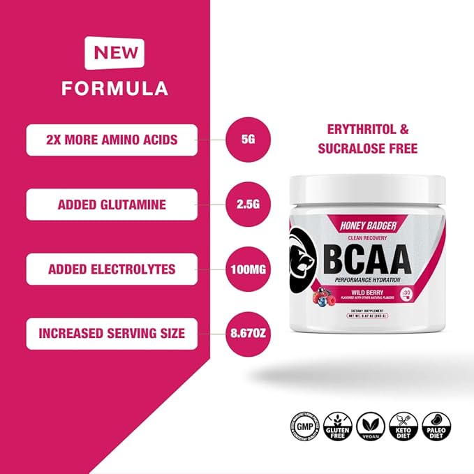 Honey Badger BCAA + EAA Amino Acids Powder BCAAs + L-Glutamine Keto Vegan Sugar Free for Men &amp Women Hydration &amp Post Workout Muscle Recovery Drink Mix Wild Berry 30 Servings