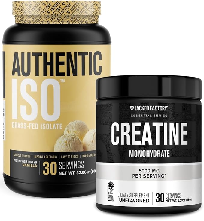 Jacked Factory Authentic ISO Grass Fed Whey Protein Isolate Powder - Low Carb Non-GMO Muscle Building Protein (30 Servings Vanilla) Creatine Monohydrate Powder (30 Servings Unflavored)