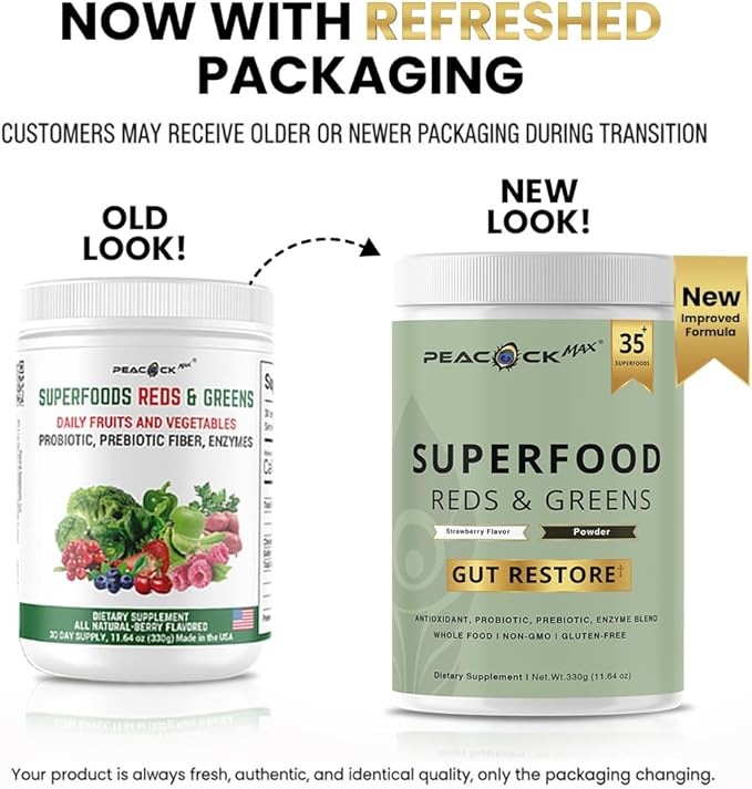 Superfood Reds &amp Greens Powder - 11.64 oz Prebiotics &amp Probiotics for Digestive Health Super Greens Powder with Ashwagandha for Gut Health Immunity Antioxidants Strawberry Flavor Vegan