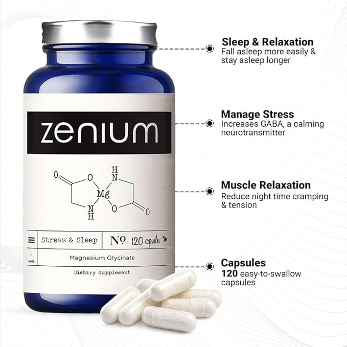 Zenium - Magnesium Glycinate for Sleep Chelated 600mg per Serving 120 Capsules | High Absorption | Relieve Tension Worry Nervousness | Calm The Mind &amp Body | Ayurvedic | Natural Relief Supple