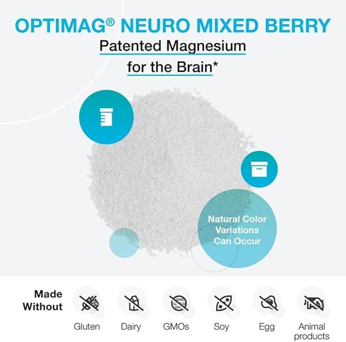 XYMOGEN OptiMag Neuro - Brain Health &amp Relaxation Support - Magnesium Glycinate &amp L-Threonate - Chelated Magnesium Powder - Mixed Berry Flavor - 2.64 Oz