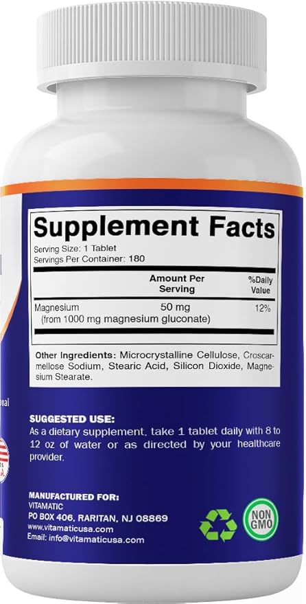 Vitamatic Magnesium Gluconate 1000 mg - 180 Vegetarian Tablets (Uncoated) - Supports Muscle Nerve and Heart Health* - 2 Pack