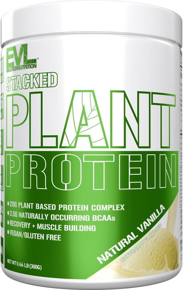 Evlution Nutrition Stacked Plant Protein Powder Vegan Non-GMO Gluten-Free Probiotics BCAAs Fiber Plant-Based Protein Complex 300G (Natural Vanilla)
