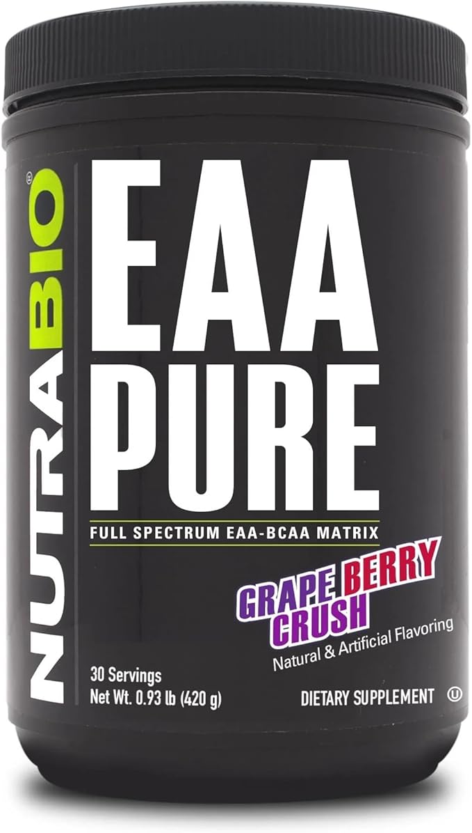 NutraBio – EAA Pure – 9 Amino Acids – Muscle Repair and Recovery 30 Servings Grape Berry Crush – Pre or Post Workout – All Day Recovery