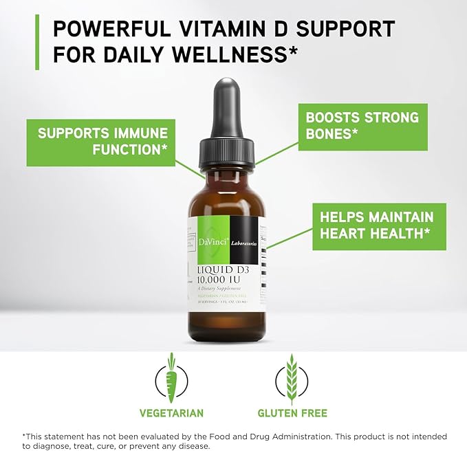 DAVINCI Labs Liquid D3 10000 IU - Helps Support Bone Health Immune Support &amp Heart Health with Vitamin D3 - Gluten Free &amp Vegetarian - 1 Fl Oz (30 Servings)