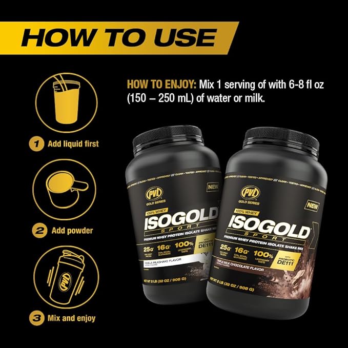 PVL Gold Series - 100% Whey ISOGOLD Sport - Premium Whey Protein Isolate Shake Mix - 2 LB - Triple Chocolate