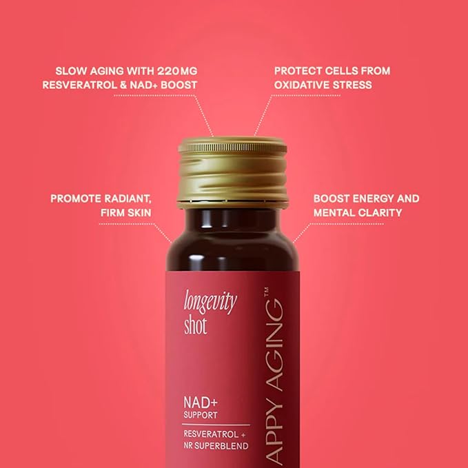 Happy Aging Vitality Trio – Longevity Shot + Calm Tonic + Relief Tonic | Energy Recovery &amp Immune Support | NAD+ + Magnesium + Quercetin | 3 Units