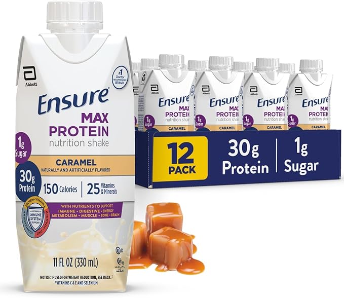 Ensure Max Protein Shake | Caramel | Ready to Drink | 30g Protein for Muscle Health | 1g Sugar 4g Fiber | 11 fl oz 12 Pack