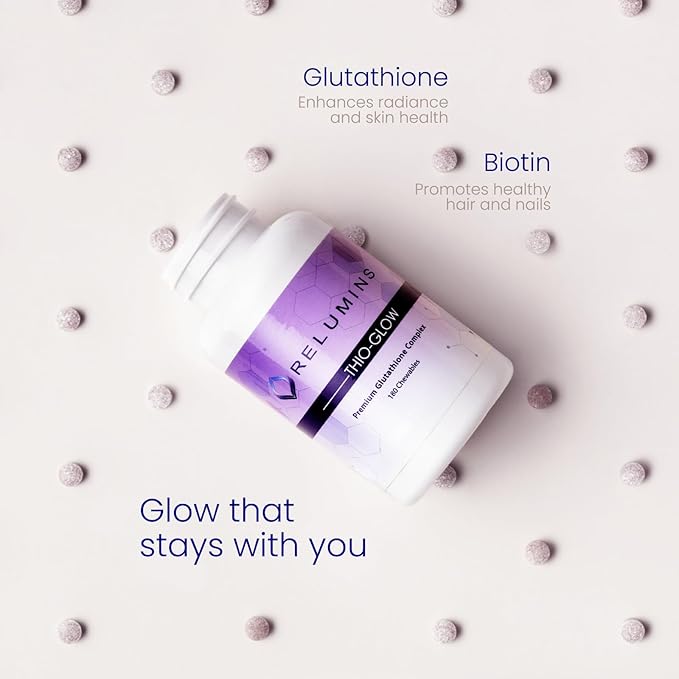 Relumins Labs Thio-Glow Chewable Sublingual Glutathione Complex with Biotin VIT C &amp E Plus Grapeseed Polyphemols – 330mg Gluta Per Serving – 4X More Effective Than Liposomal Spring Glow Essentia