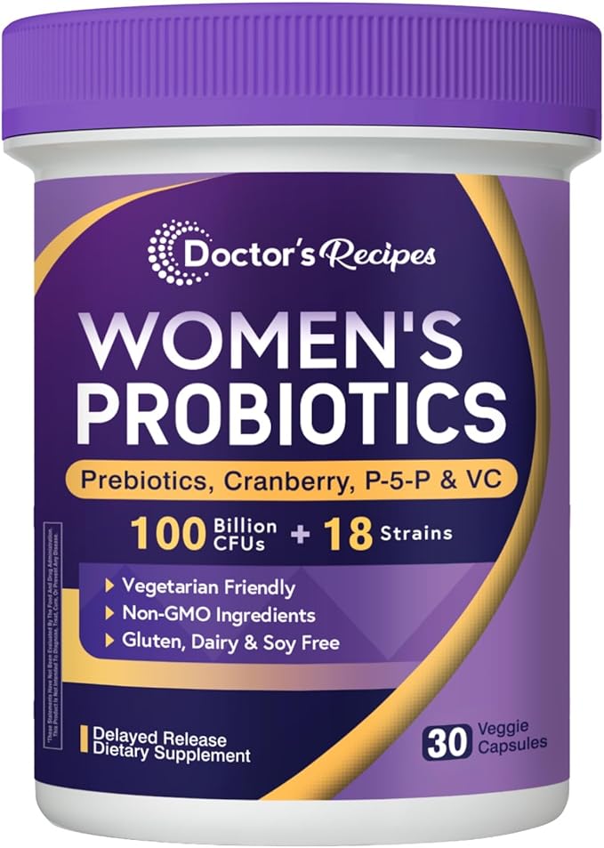 Doctor's Recipes Women’s Probiotics + Ultra Vitamin B Complex Bundle 100 Billion CFU with 18 Probiotic Strains Prebiotics Cranberry &amp Complete B Vitamins Daily Wellness Support Vegan Capsules
