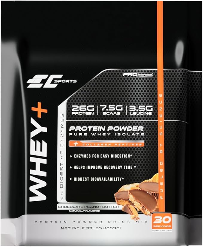 EC Sports Whey+ Protein Powder Chocolate Peanut Butter Mix w/Digestive Enzymes - Isolate Supplement Collagen Peptides w/Swift Reform - 30 Servings
