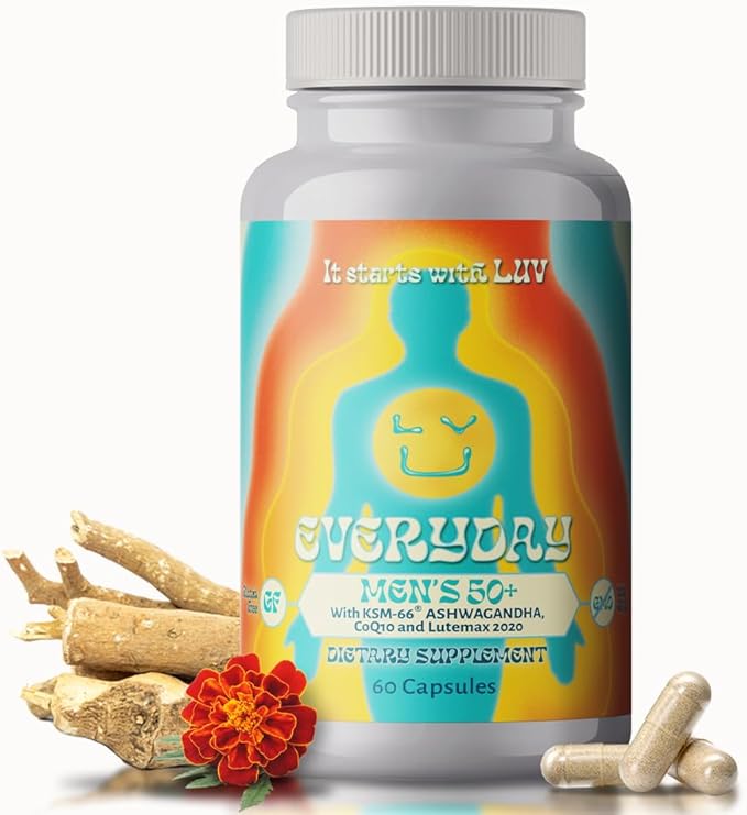 LUV Everyday™ Men’s 50+ Multivitamin - Adult Formula Daily Nutritional Support with Iron Calcium KSM-66 Ashwaganda CoQ10 Lycopene and Lutemax 2020- Vegetarian Gluten-Free &amp Non-GMO - 60 Capsu