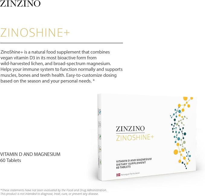 ZinoShine+ - Vitamin D3 &amp Magnesium Supplement for Immune Support Energy Muscle Bone &amp Teeth Health - Reduces Fatigue - 60 Tablets
