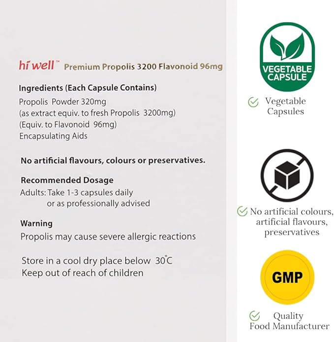 (Pack of 3) Hi Well Premium Propolis 3200 Flavonoid 96mg 250VegeCapsules
