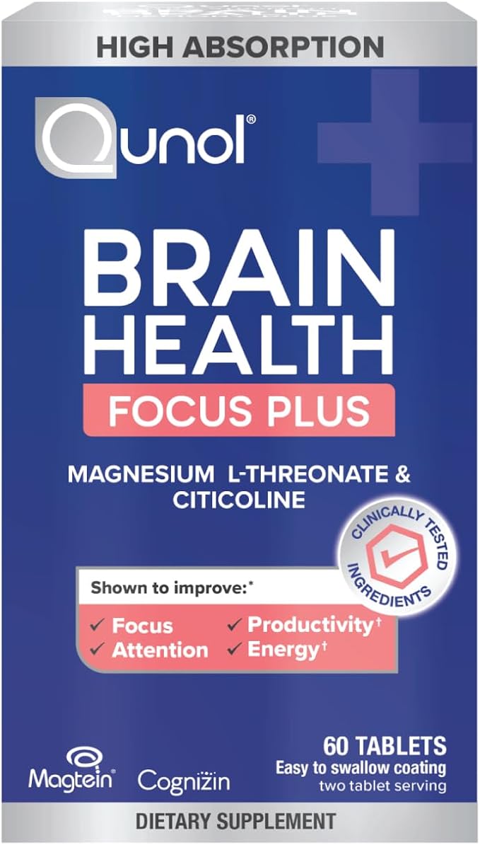 Qunol Brain Health Focus Plus Magnesium L-Threonate &amp Citicoline Clinically Tested Ingredients to Improve Focus Attention and Productivity 60 Count (Pack of 1)