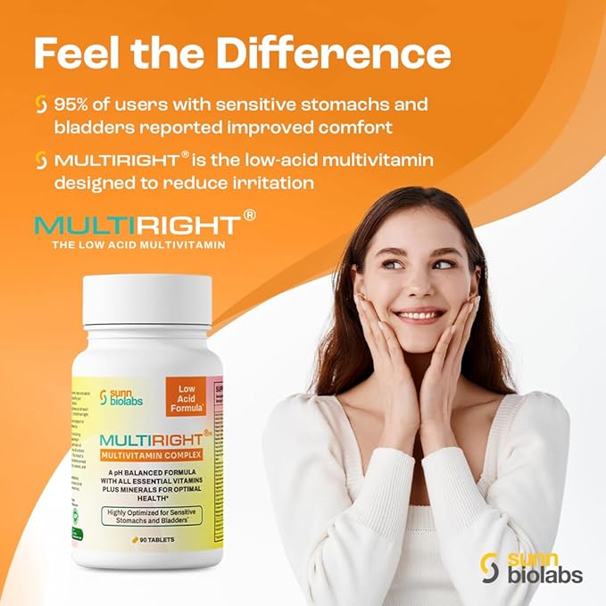 MULTIRIGHT | LOW ACID MULTIVITAMIN for Sensitive Stomachs Bladders | 14 Vitamins &amp 14 Minerals | Bladder-Friendly pH Balanced | Easy on Digestion-Less Acidic | Buffered Vitamin C | 180 Tab (2)