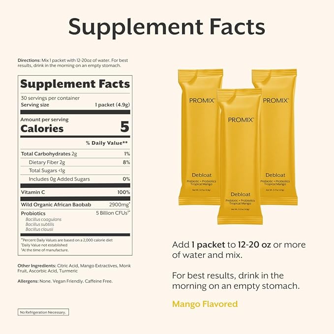 ProMix Nutrition Debloat Prebiotics and Probiotics Immune Support Supplement for Digestion Cortisol Health Gut Cleanse - Mango - 30 Servings (Pack of 30)