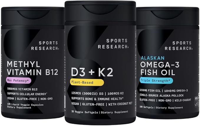 Sports Research® Multivitamin Pack - Vitamin D3 + K2 w/Coconut Oil 5000iu + Vitamin B12 as Methylcobalamin 5000mcg + Omega-3 Fish Oil 1250