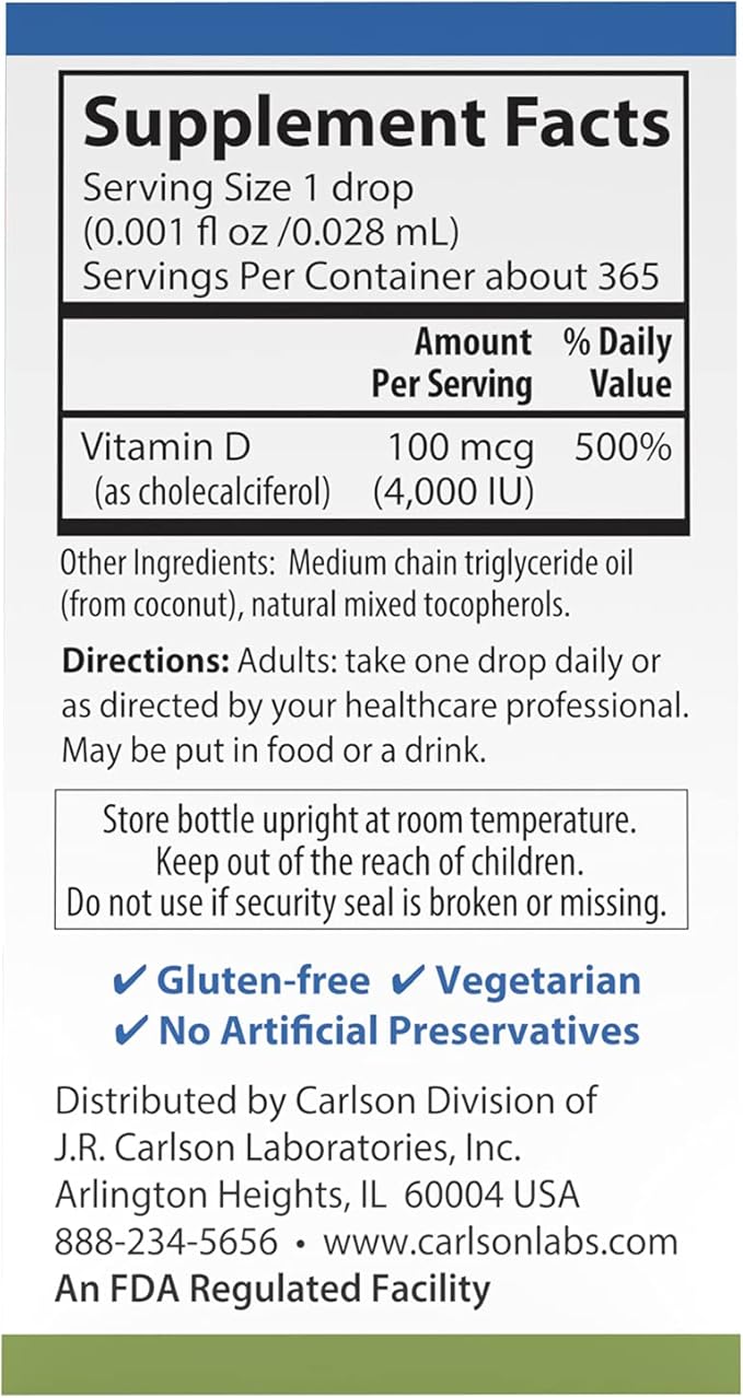 Carlson Super Daily D3 4000 IU (100 mcg) Heart &amp Immune Health Teeth &amp Bone Strength Unflavored 365 Drops