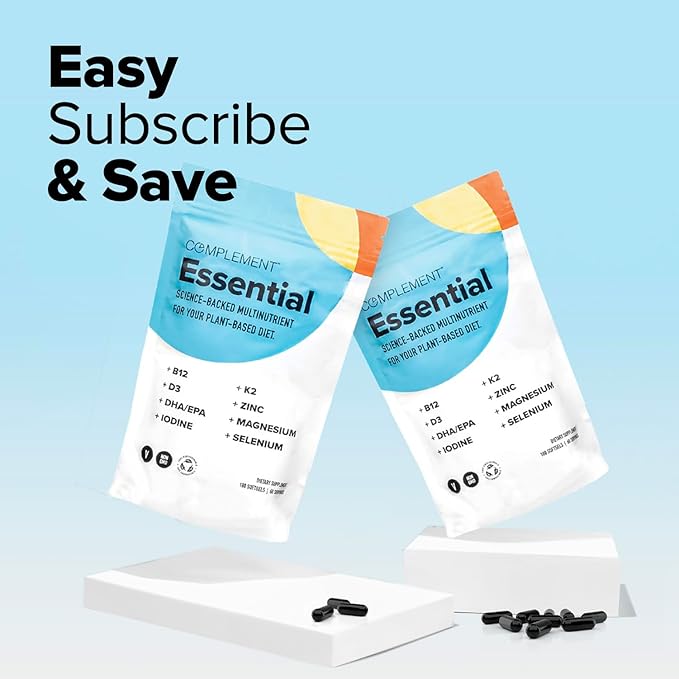 Complement Essential Vegan Multivitamin for Men &amp Women (60 Servings 180 Capsules) with Omega-3 DHA &amp EPA B12 Vitamin D3 &amp K2 Zinc Selenium Magnesium Iodine - Supports Immunity &amp
