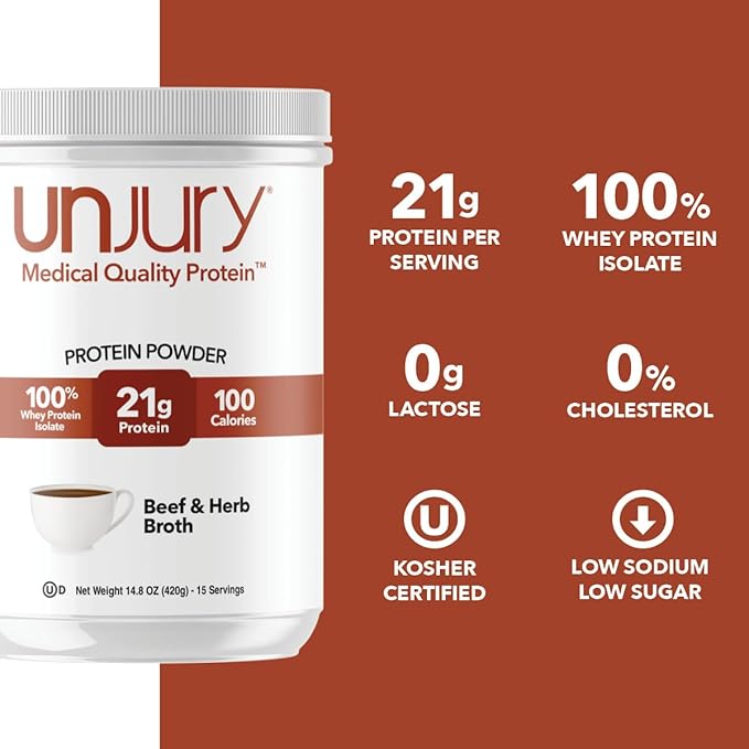 Unjury Whey Protein Powder | Beef and Herb High Protein Soup | 21g 100% Whey Isolate Protein Powder | Low Carb and Lactose Free | Gluten Free | Certified Kosher | 15 Servings
