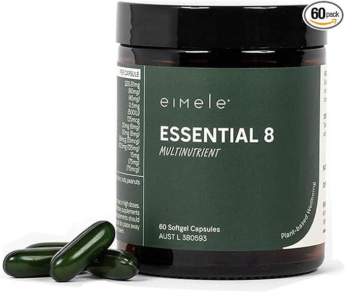 Essential 8 | Multivitamin for Energy &amp Immunity Support | 8 Essential Nutrients | Calcium Vitamin B12 Omega3 Zinc Iron Vitamin D &amp More | Non-GMO Vegan GF | 30 Servings (60 Softgel Cap