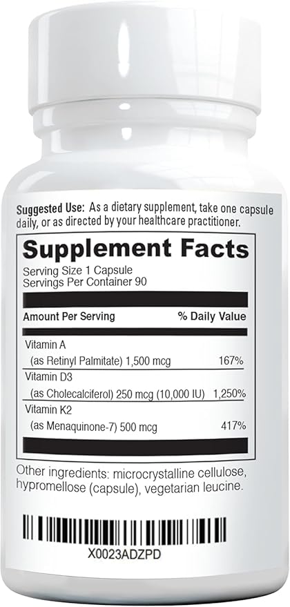 ADK10 – ADK Vitamin Supplement | High Potency Vitamins A D3 (10000 IU) &amp K2 MK-7 for Bone Heart &amp Immune Health | 90 Tiny Capsules | 3 Month Supply | Non-GMO Gluten Free