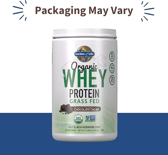 Garden of Life Whey Protein Powder Chocolate Cacao Flavor - 21g Certified Organic Grass Fed Protein for Women &amp Men + Probiotics - 12 Servings - Gluten Free Kosher Humane rBST &amp rBGH Hormon