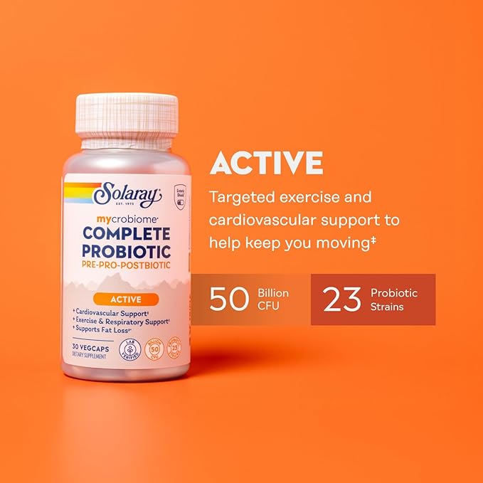 SOLARAY Mycrobiome Complete Probiotic Active - Pre and Probiotics for Women and Men Plus Postbiotic - 50 Billion CFU 23 Strains - Vegan Clinically Studied Ingredients - 30 Servings 30 VegCaps