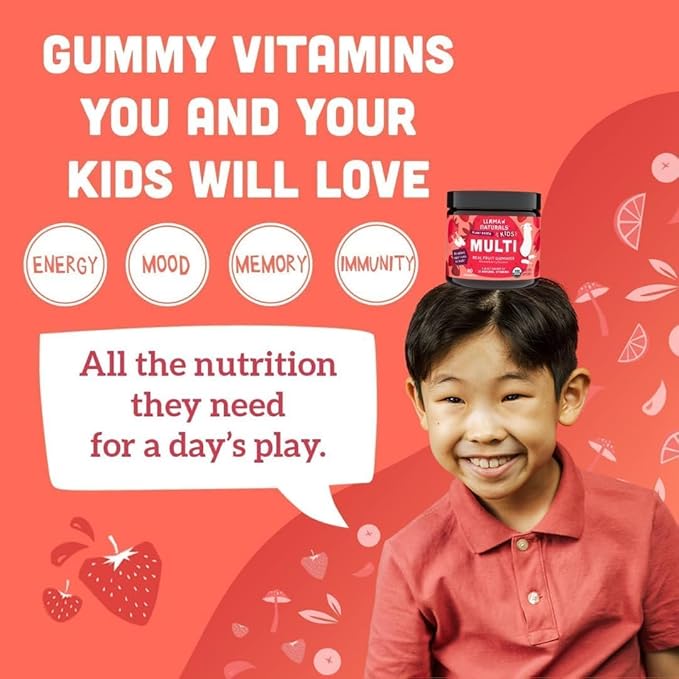 Llama Naturals Kids Multivitamin Gummies Vegan Organic with Vitamin D C &amp K Toddler Real Fruit Gummy Vitamins Chewable Supplement Cherry and Strawberry. 90 Ct