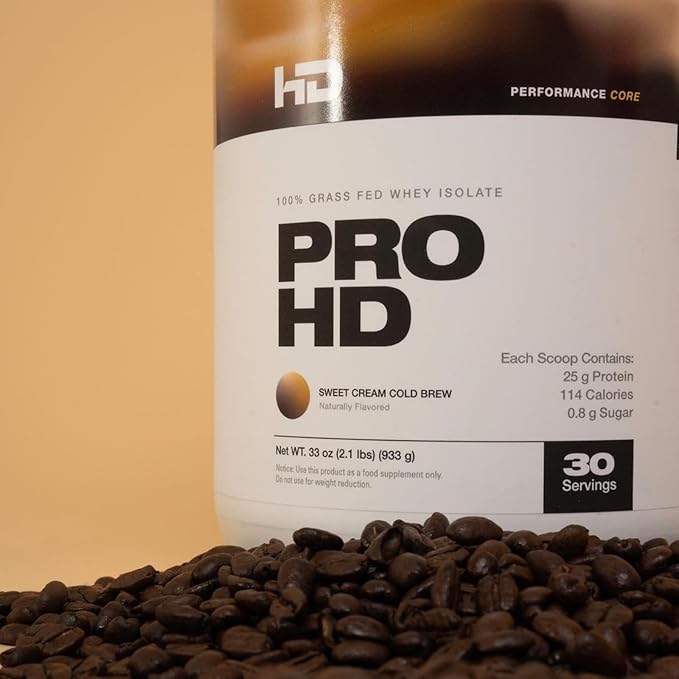 HD MUSCLE ProHD Protein | 100% Grass Fed Whey Isolate | 25g Protein 114 Calories 0g Fat | Zero Fillers or Amino Spiking | 2.1 Pound 30 Servings (Sweet Cream Cold Brew)