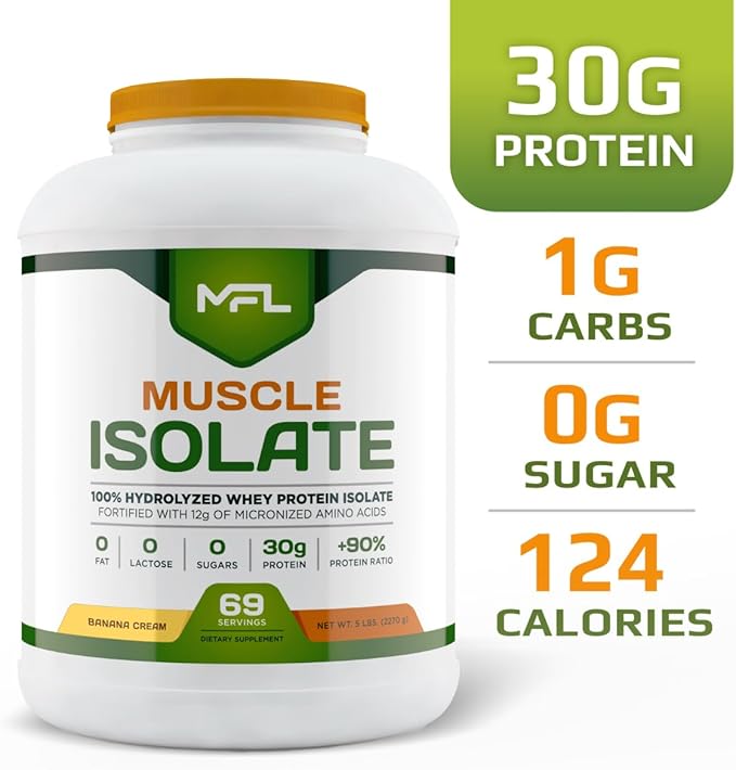 MFL 100% Isolate Protein l 30g of Protein l 12g Amino Acids l Keto Friendly l Low Carbs l 5 lbs. (Banana Cream)