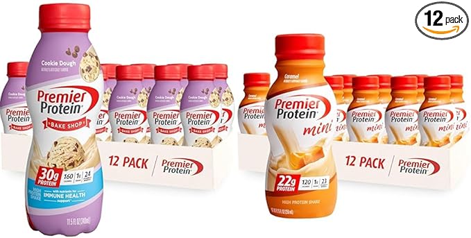 Premier Protein Shake Cookie Dough 12 Pack 30g Protein 1g Sugar + Caramel Protein Shake MINIs 12 Pack 22g Protein 1g Sugar
