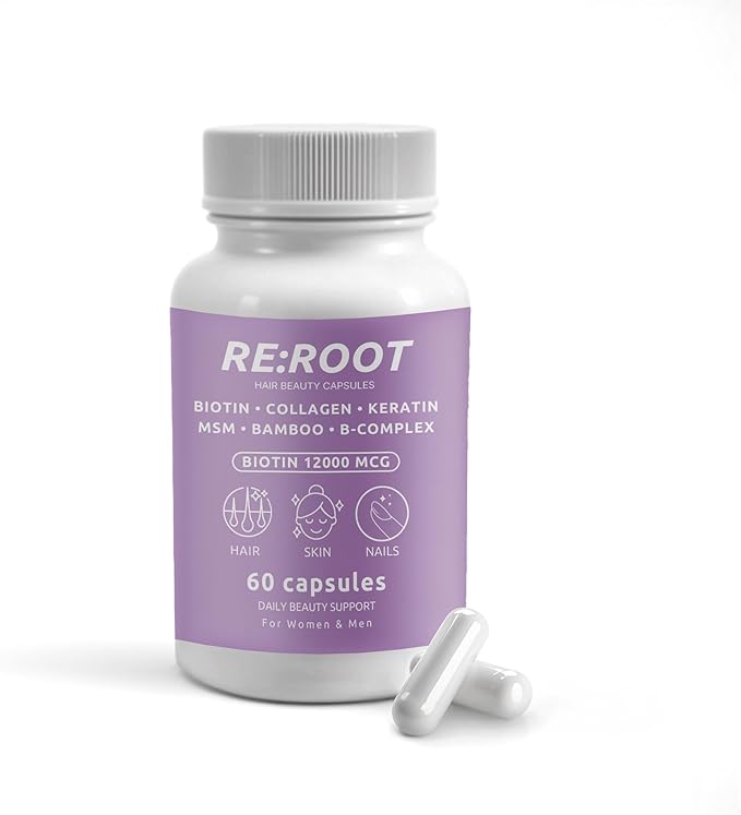 RE:ROOT Hair Growth Supplement – 12000 mcg Biotin with Collagen Keratin MSM &amp Bamboo – Hair Skin &amp Nails Support – 60 Vegan Capsules