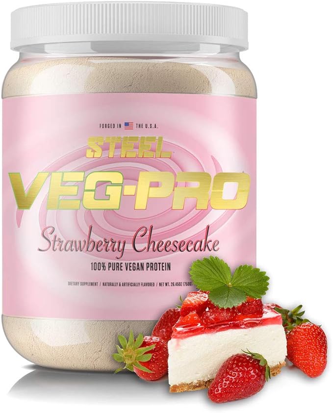 Steel Supplements Veg-PRO | Vegan Protein Powder Strawberry Cheesecake | 25 Servings (1.65lbs) | Organic Protein Powder with BCAA Amino Acid | Gluten Free | Non Dairy | Low Carb Formula