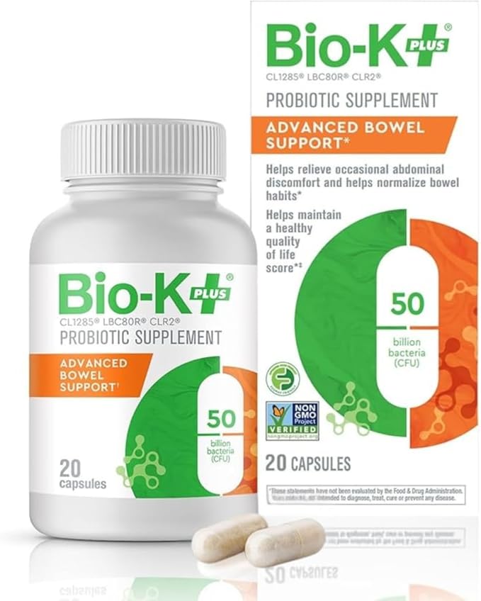 Bio-K+ Probiotic Advanced Bowel Support – 50 Billion CFU – Vegan Gluten-Free Non-GMO – Supports Digestive Health &amp Regularity – for Men &amp Women – 20 Probiotic Capsules