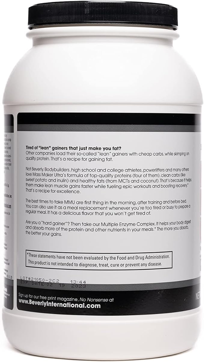Beverly International Mass Maker Ultra Vanilla 14 Servings 3lb. Build Lean Mass Like a Pro. Milk Protein Isolate Whey Protein Isolate + Egg. MCT Oil. Clean Carbs Great Taste