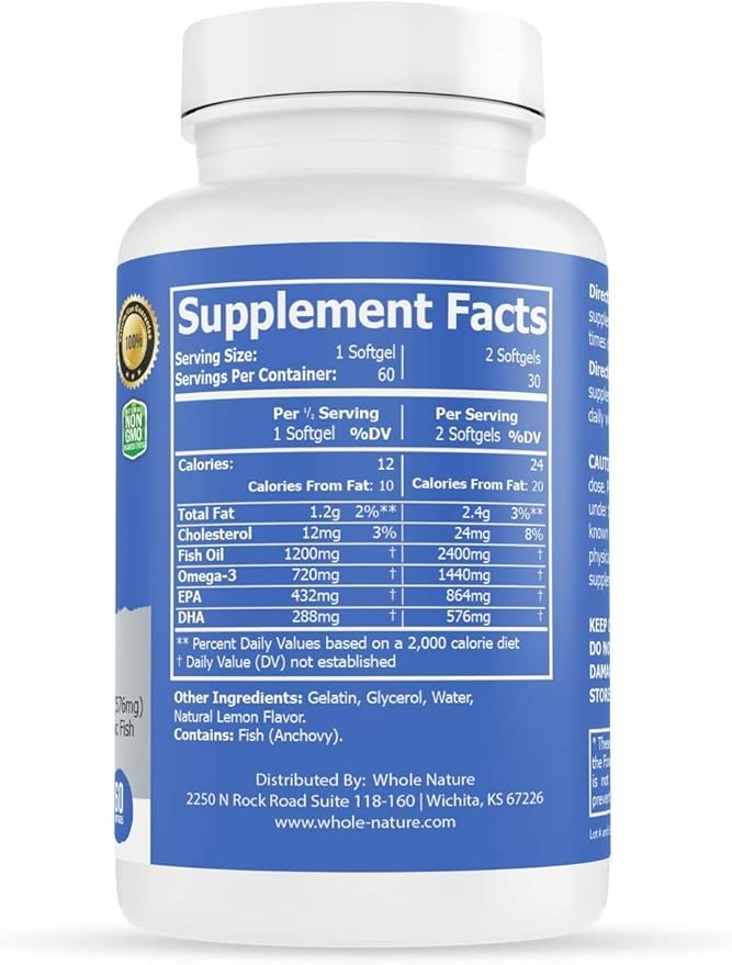 Omega 3 Fish Oil Supplements Maximum Strength 2400 mg Omega-3 1440mg Fish Oil EPA and DHA Fatty Acids Heart Brain &amp Immune Support for Women and Men. Natural Lemon Flavor 120ct (2)