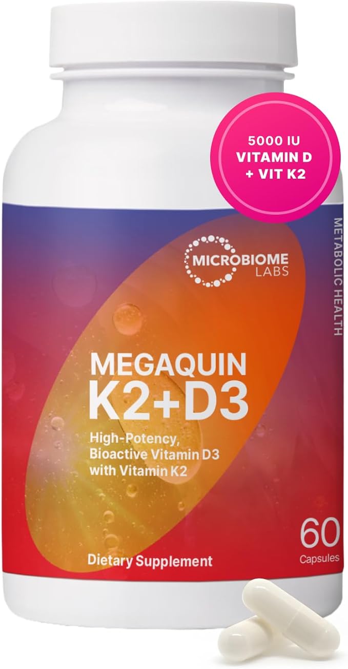 Microbiome Labs MegaQuin D3 + K2 - High Potency Vitamin D3 K2 Supplement - Bioactive &amp Bioavailable - Vitamin D3 5000 iu &amp MK-7 - Support Bone Heart Nerve &amp Immune Health (60 Capsules)