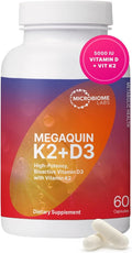 Microbiome Labs MegaQuin D3 + K2 - High Potency Vitamin D3 K2 Supplement - Bioactive &amp Bioavailable - Vitamin D3 5000 iu &amp MK-7 - Support Bone Heart Nerve &amp Immune Health (60 Capsules)