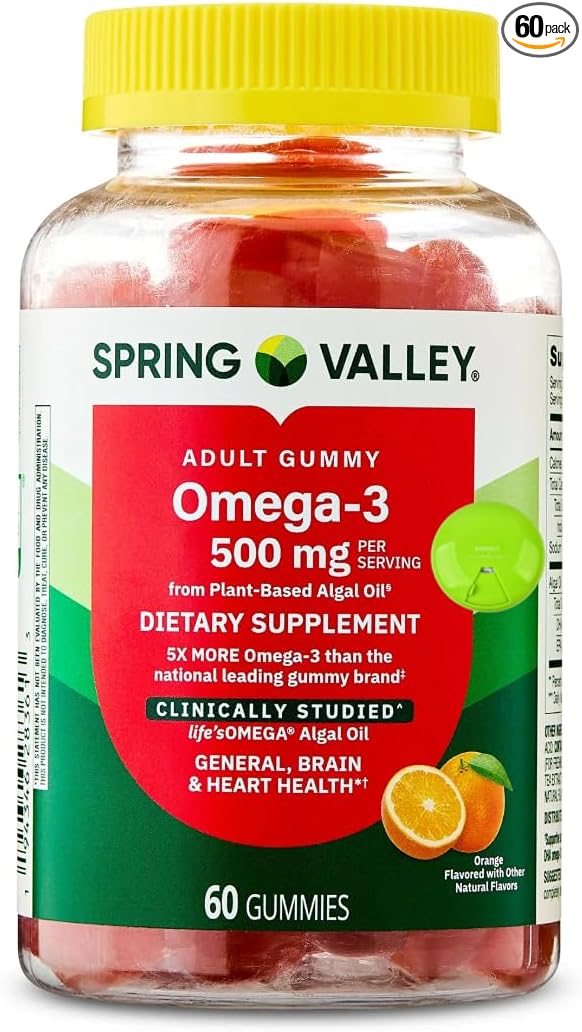 SUREFECT Spring Valley Omega-3 from Plant-Based Algal Oil Gummies for Brain &amp Heart Health Support Orange 500 mg 60 Count Organizer.
