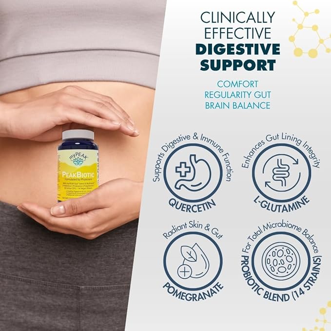myPEAK PeakBiotic: The Ultimate Vegan Synbiotic with 50 Billion CFU Probiotics Prebiotics Postbiotics Modbiotics and Gut Lining to Enhance Digestion Skin and Mood with 2-Month Supply 60 Capsules