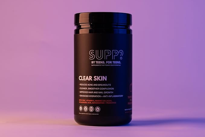 SUPP? Clear Skin Powder for Teens — Supports Complexion Hair &amp Nail Health — Collagen Zinc Vitamin C Probiotics — Tropical Peach Paradise — 30 Servings