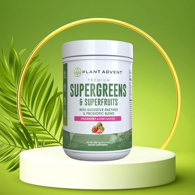 Premium Supergreens and Superfruits Powder with Digestive Enzymes and Probiotics (Strawberry &amp Kiwi). Manufactured by NutriDyn.
