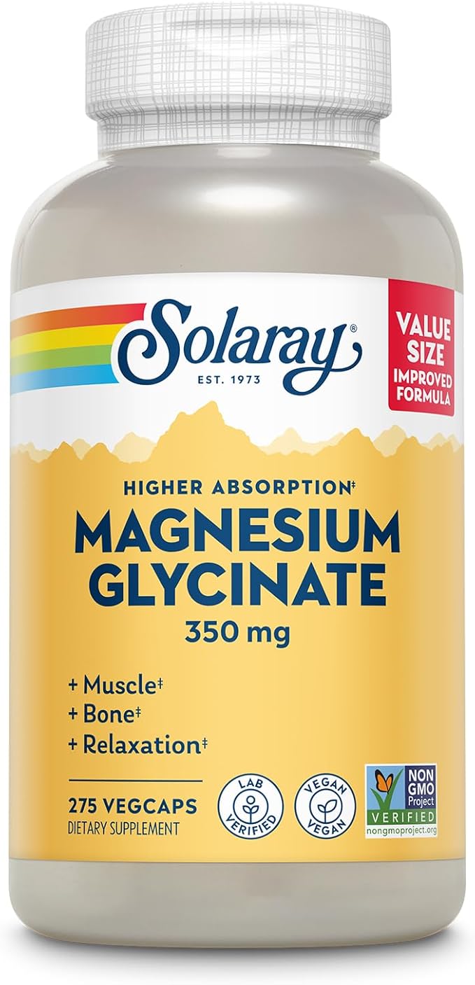 SOLARAY Magnesium Glycinate Capsules Chelated Magnesium Bisglycinate w/BioPerine Higher Absorption Magnesium Supplement - Bones Muscles Heart Support Vegan 68 Servings 275 VegCaps
